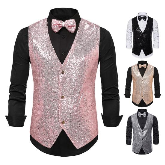 Men Suit Vest V-Neck Sleeveless Single Breasted Stage Show Waistcoat with Pockets Slim Fit Shiny Sequins Bow Tie Weddings Proms Vest