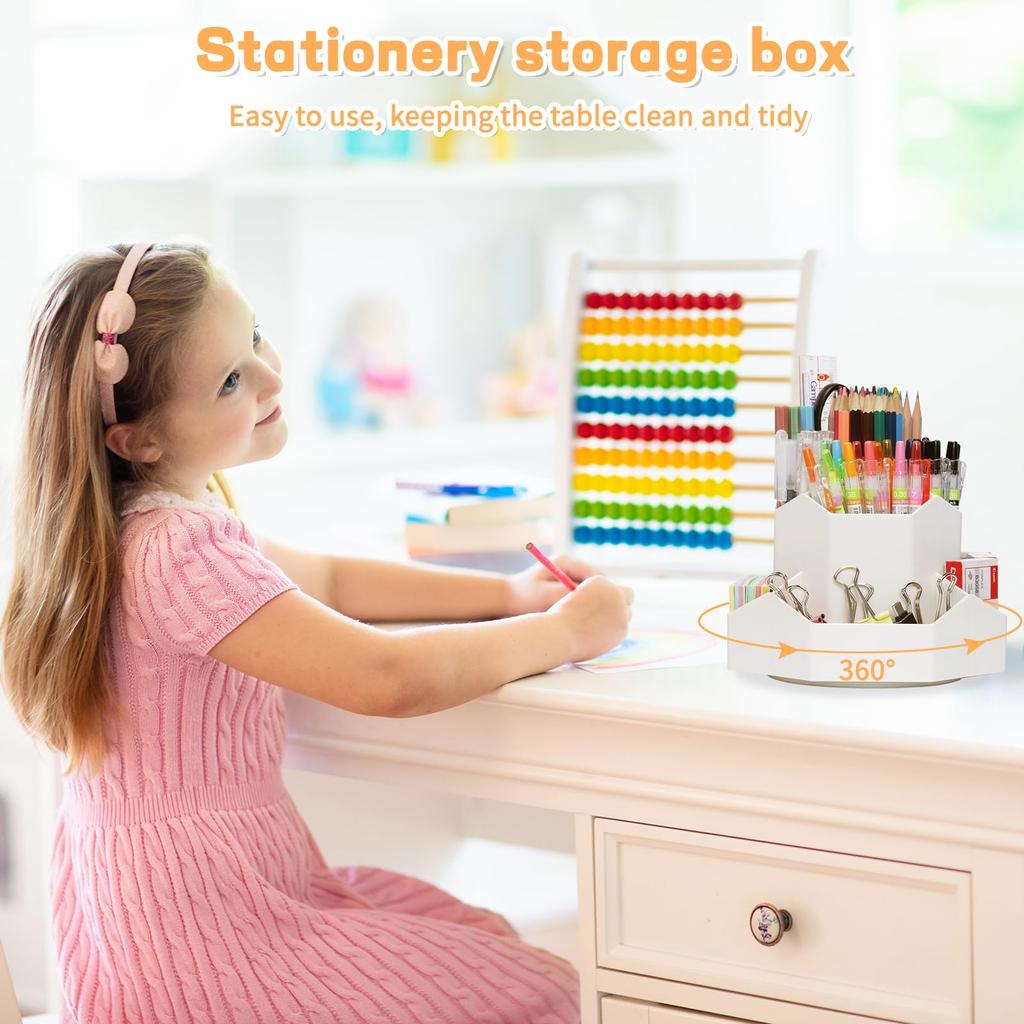 9-Slot 360-Degree Rotating Computer Pencil Holder Multi-Functional Desk Stationery Organizer with White Finish for Office School Home Workspace