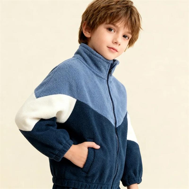 Autumn Winter Children's Coats New Contrasting Color Stand Up Collar Zipper With Pockets Fleece Casual Loose Jackets