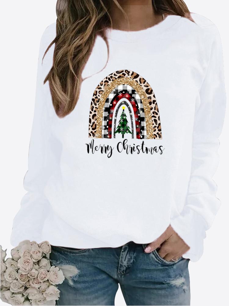 Pulover imprimat pentru femei de primăvară și toamnă, cu temă de Crăciun, îngroșat, cu gât rotund, cu mânecă lungă, casual, mai sus