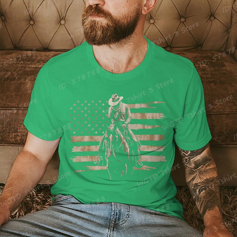 Cowboy with American Flag Pattern Print T Shirt Tees for Men Casual Short Sleeve TShirt for Summer Vintage Graphic Tshirts