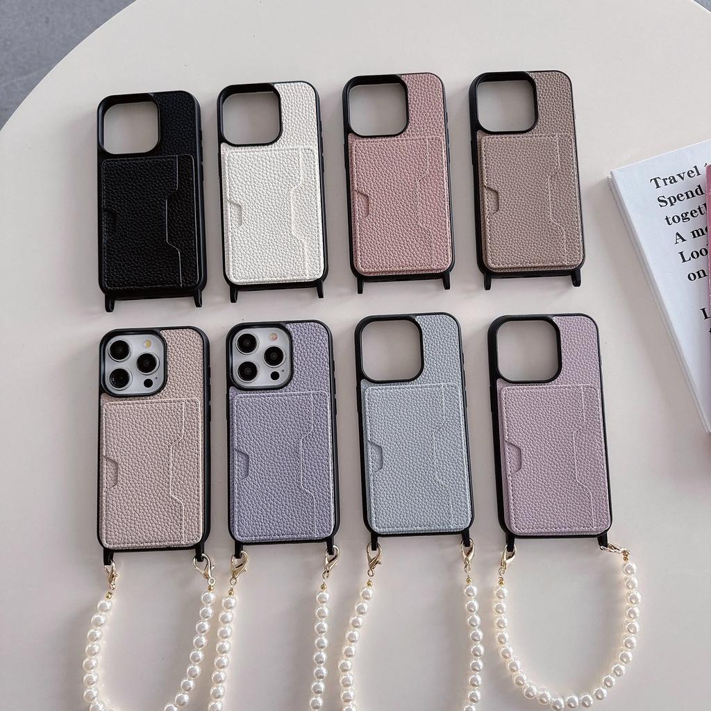 Skórzany Pasek na Nadgarstek z Koralikami z Etui na Telefon z Uchwytem na Karty dla IPhone 15 14 13 12 11 Pro Max 15 14 Plus Ochronne Wstrząsoodporne Etui