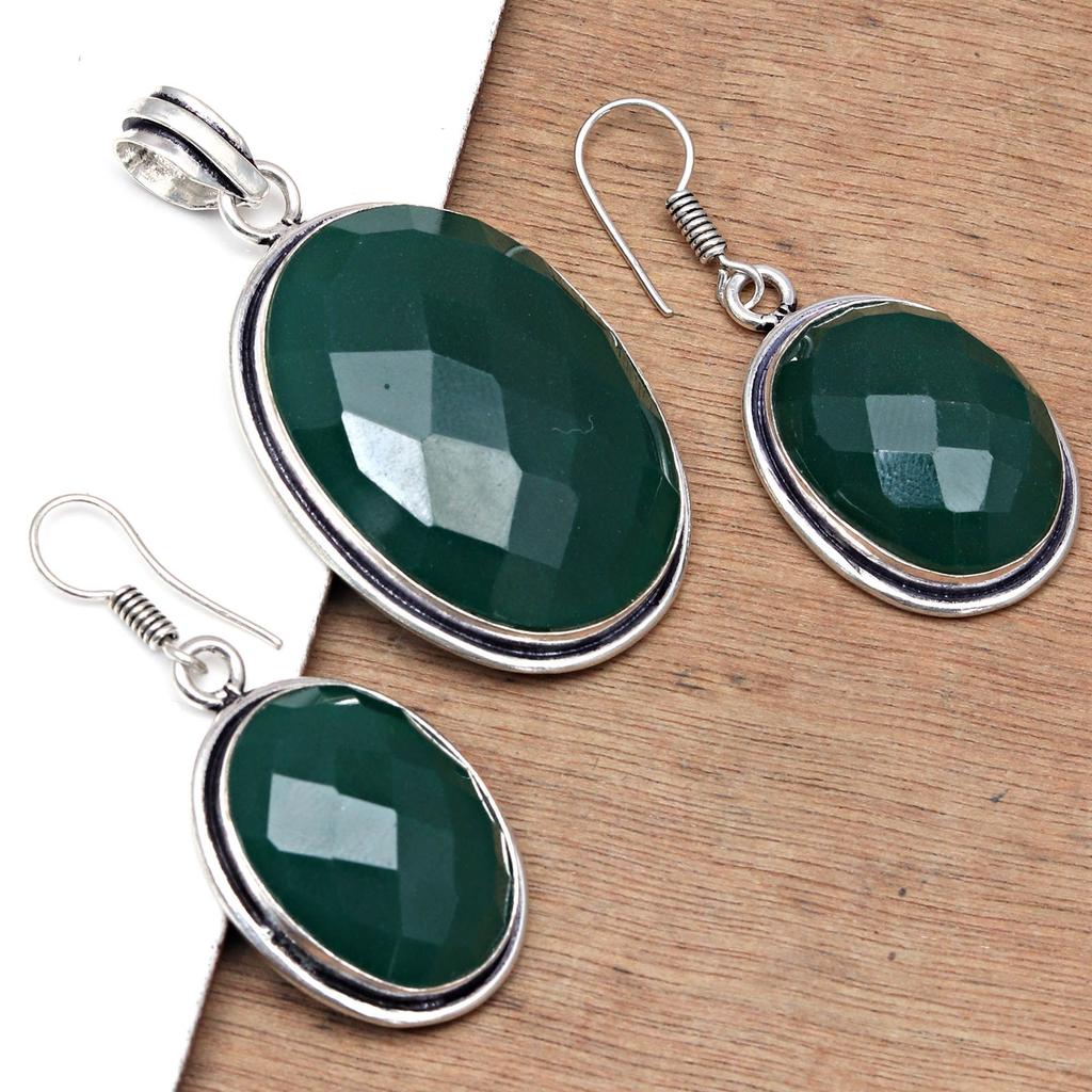 Onyx Green Pendant Set Earrings Jewelry Gemstone Handmade Ethnic