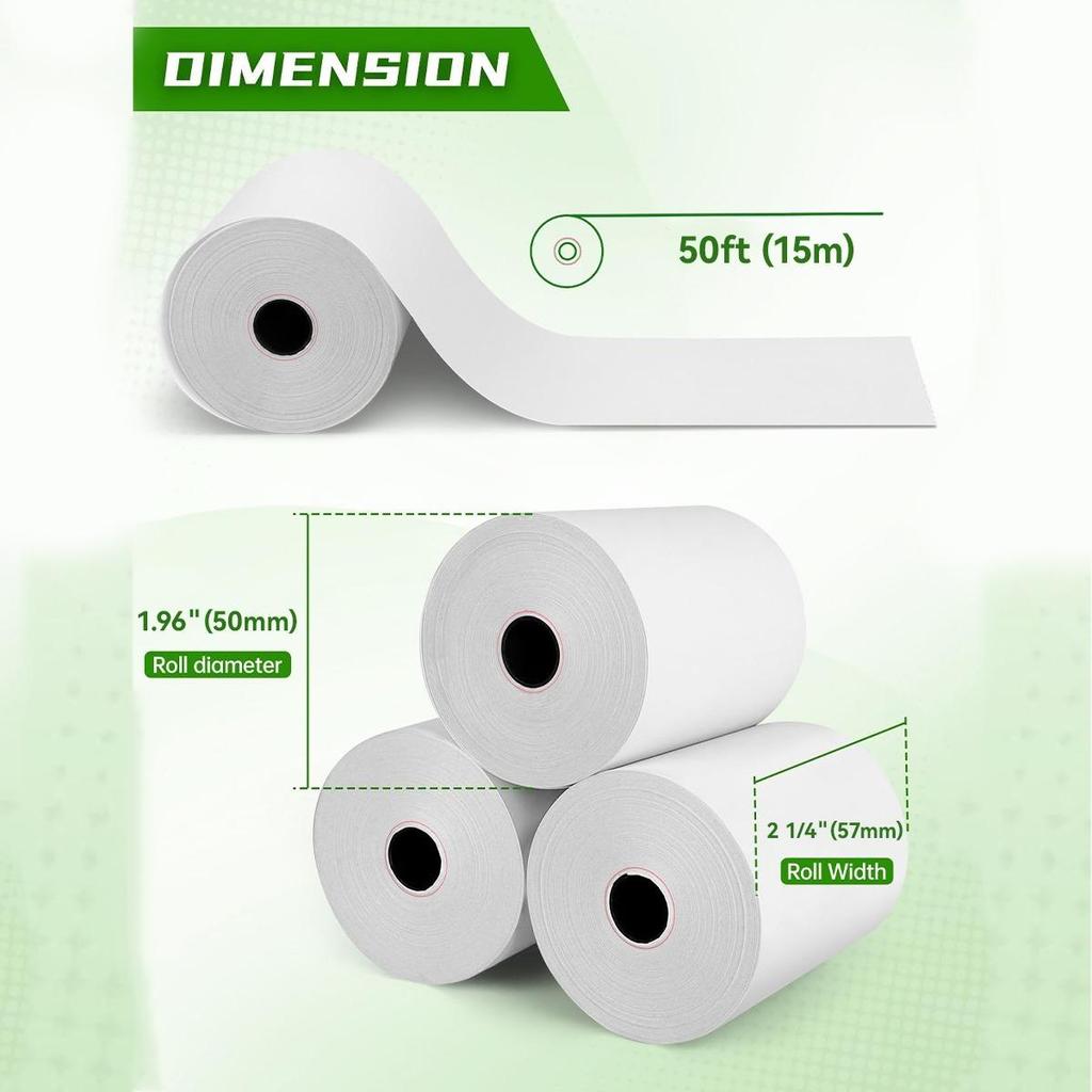 2 1/4 X 50ft Thermal Paper, BPA Free Receipt Paper, Fits 57mm Mini Thermal POS Printer & Square Terminal Credit Card Machines