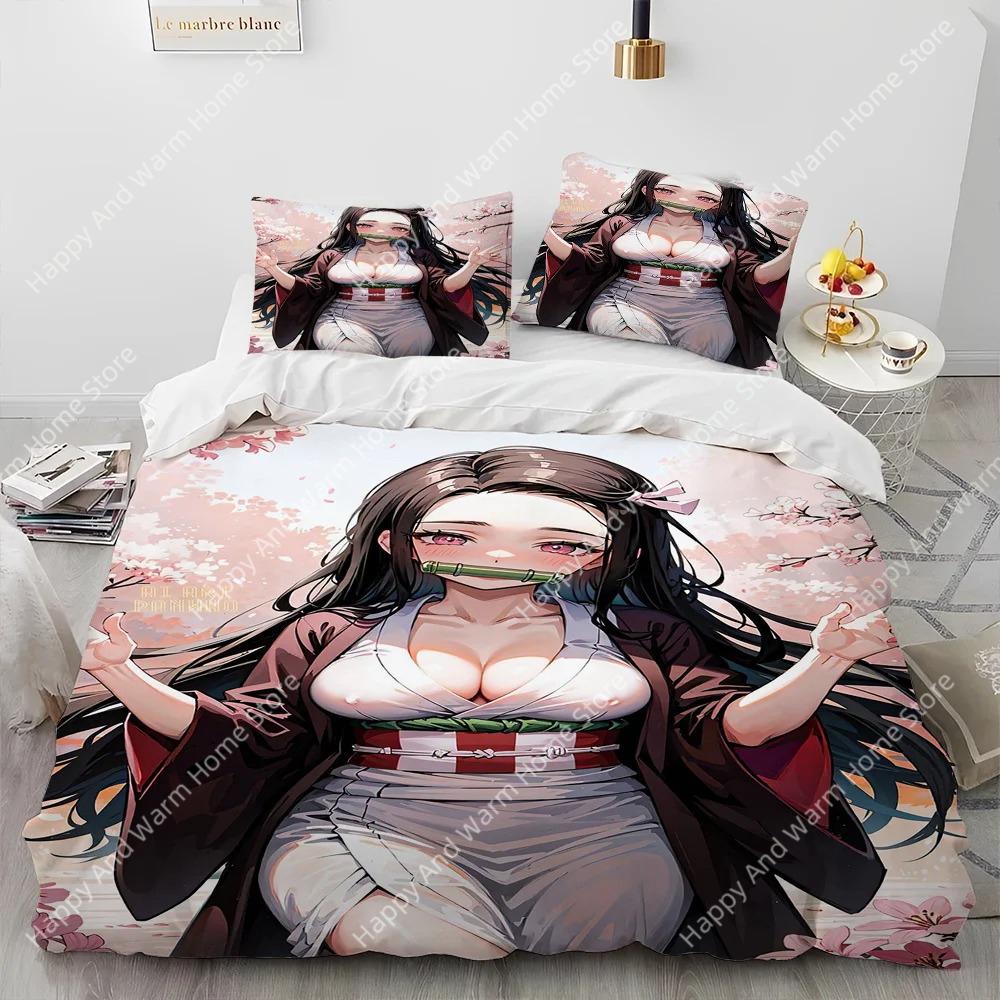 Demon Slayer Beding Set Kamado Nezuko Soft Duvet Cover Set Bedspread Pilowcase King Quen Ful Single Sized Dimensions Bed Linen Young Boys Ten Gift
