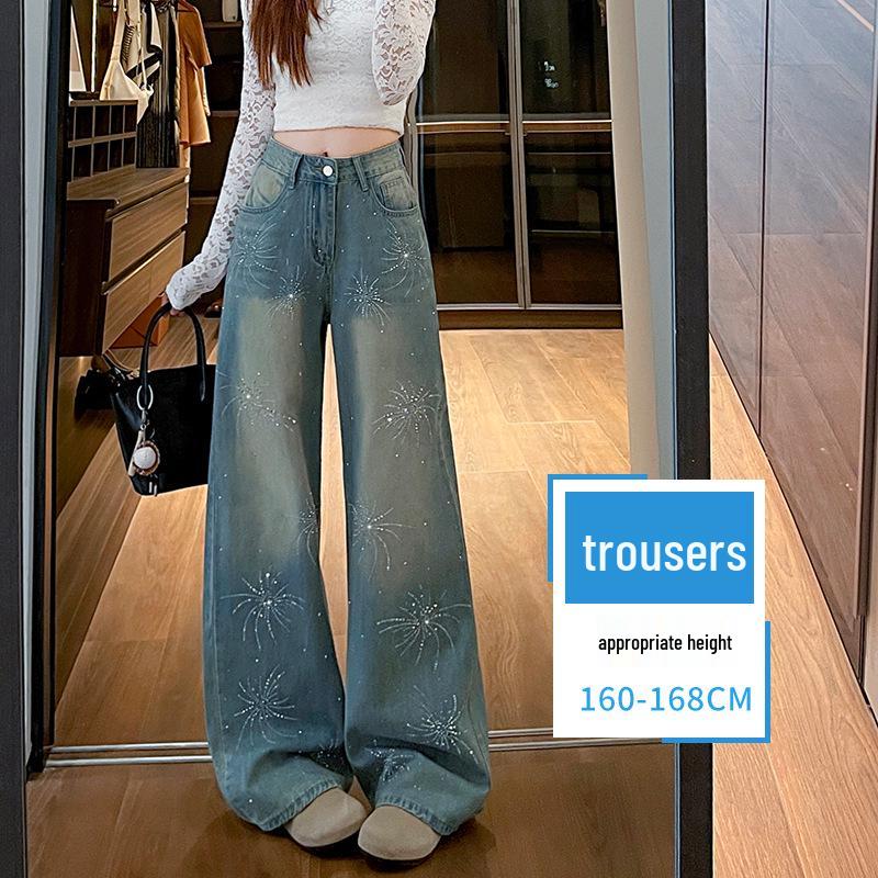 

Light Blue Floral Sequin Sparkle Wide-Leg Jeans - Women’s 2026 Spring Collection: Loose-Fit, Slimming, Straight-Leg, Floor-Length. Large