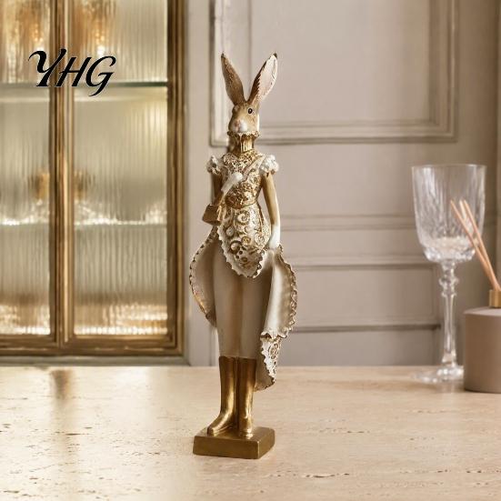 Elegant Shelf Decor for Home Vintage Resin Mr & Mrs Rabbit Figurine, Dress Bunny Statues, Farmhouse Minimalist Desktop Decorations Country Tabletop