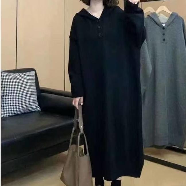 Autumn and Winter New Casual Hooded Knitted Dress Women's Loose Lazy Medium and Long Inner Sweater Skirt Tide