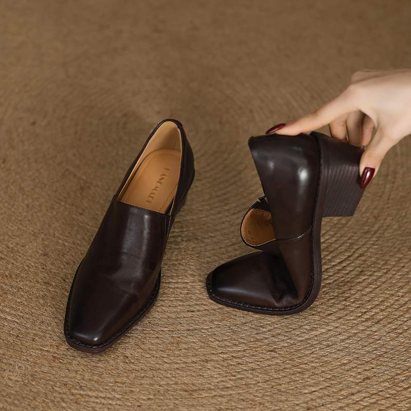 Krazing Pot Cow Skin Fashion Spring Autumn Thick High Heels Women Round Toe Office Lady Retro Fashion Pumps