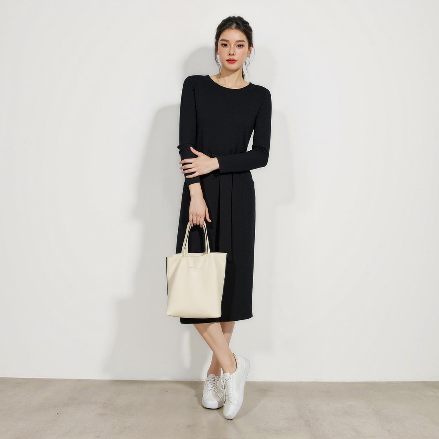 

2025 Autumn/Winter Merino Wool French Mid-Length Dress for Women Large