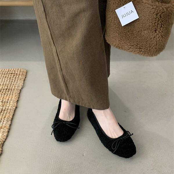 2025 höst och vinter nya ullskor dam lammull rosett låg skärning sammet mormorsskor enkla skor