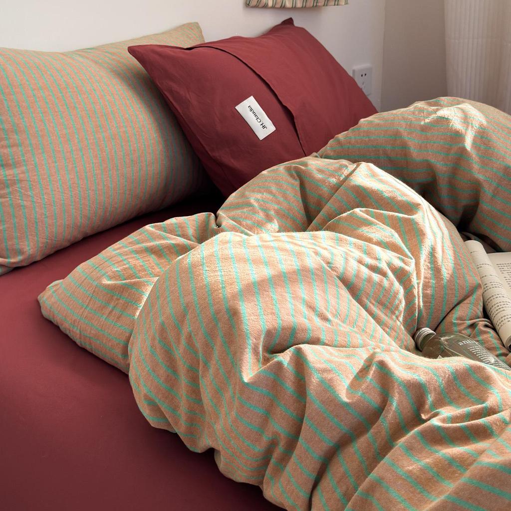 Literary Wabi-sabi Cotton Striped Bedding Set - Three-Piece Dormitory Duvet Cover with Fitted Sheet