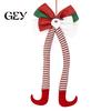 Winter Holiday Home Decoration Christmas Long Legs Bow Ornament, Plush Velvet Hanging Decor with Bendable Soft Ornaments for Xmas Tree Legs, Red White