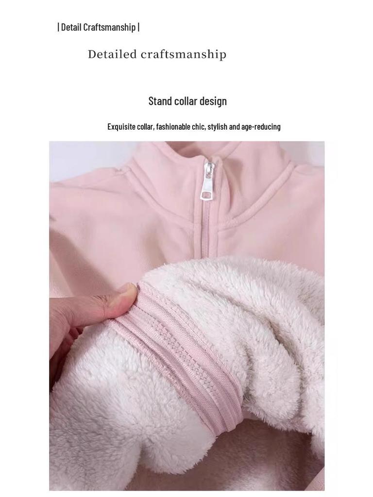 Women's Pink Lambswool Fleece Jacket: Windproof, Thick Velvet Liner, Warm Winter Outerwear