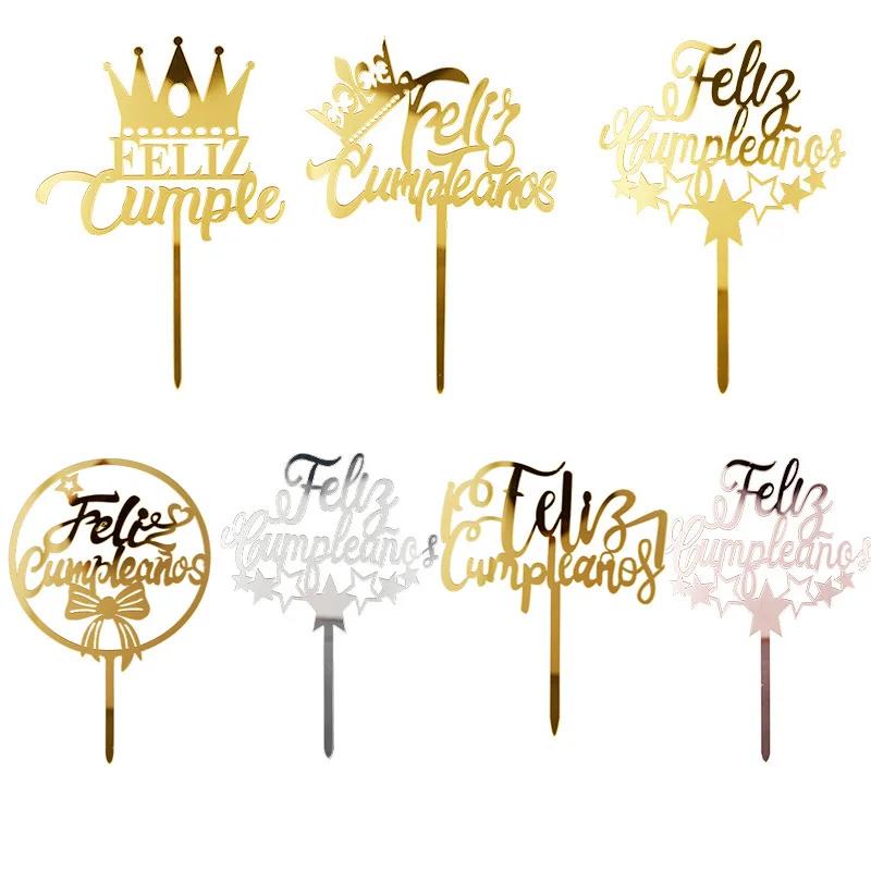 Acylic Feliz Cumpleanos Espanol Spanish Happy Birthday Cake Topper Gold Crown Design Cupcake Baking Supplies Party Decoration