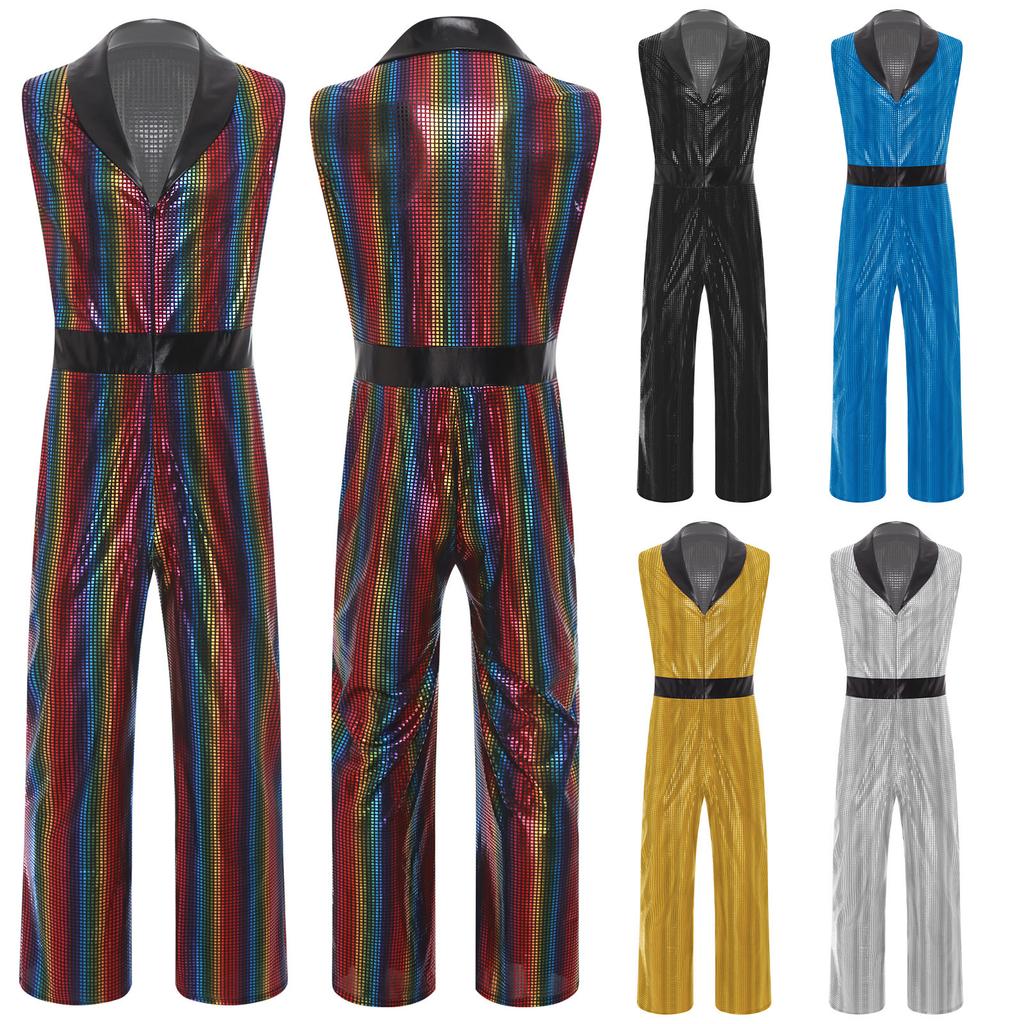 Pánský disko kostým 20. léta Klopa Výstřih do V Bez rukávů Kombinéza Široké nohavice Metalický Lesklý Kostkovaný Romper Oblečení