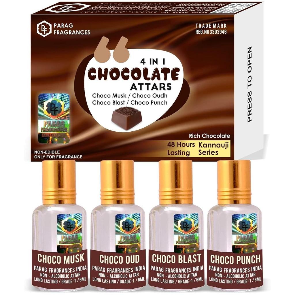 Parag Fragrances Chocolat Attar 4 en 1 Lot de ( Choco Musc / Chocolat Musc, Choco Oudh, Choco Blast & Choco Punch) Attar d'une durée de 48 heures