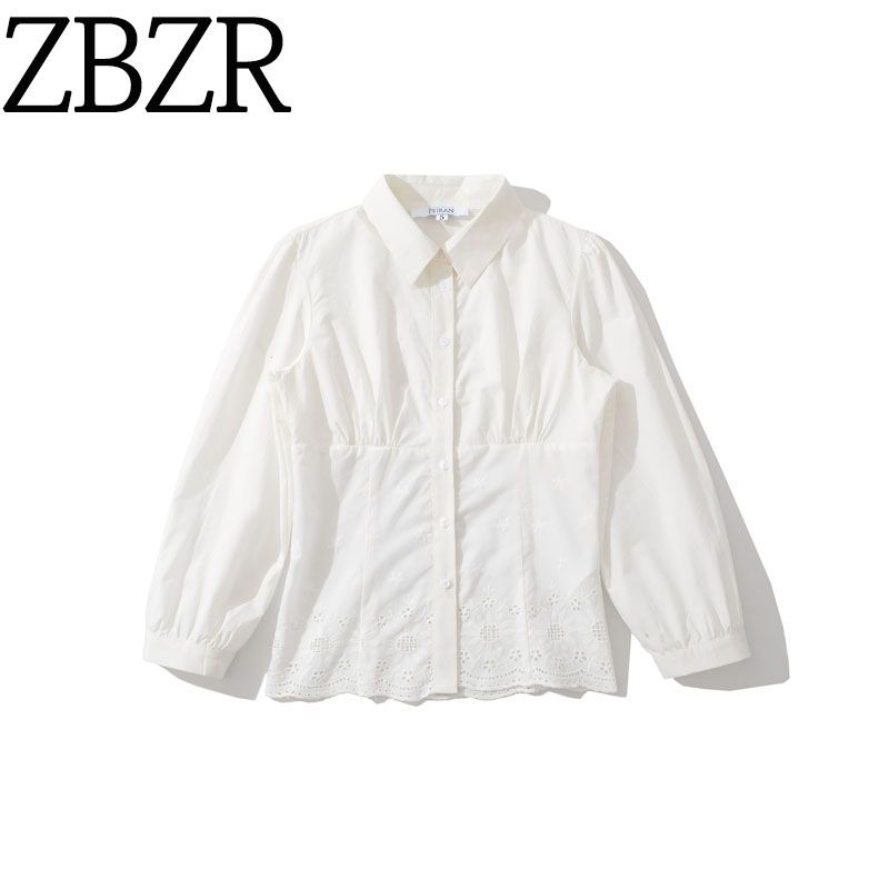 Za Export New Arrival Women's Zr Fashion Style Fashionable Temperamental All-Match Pure Color Long Sleeves Lapel Slimming Embroidered Shirt