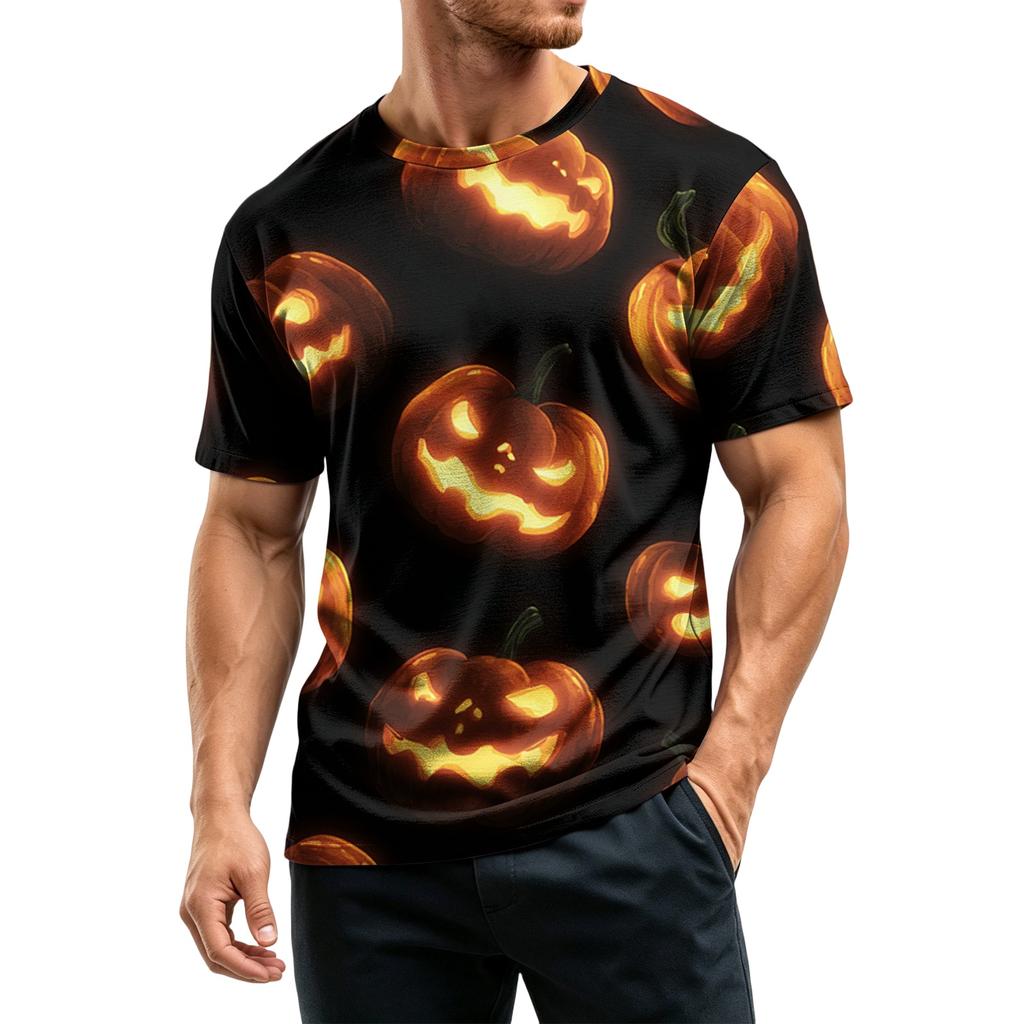 Men's Casual Short Sleeve Lightweight Breathable Crew Neck T-Shirt Halloween Pumpkin Print Pattern Comfortable Fit