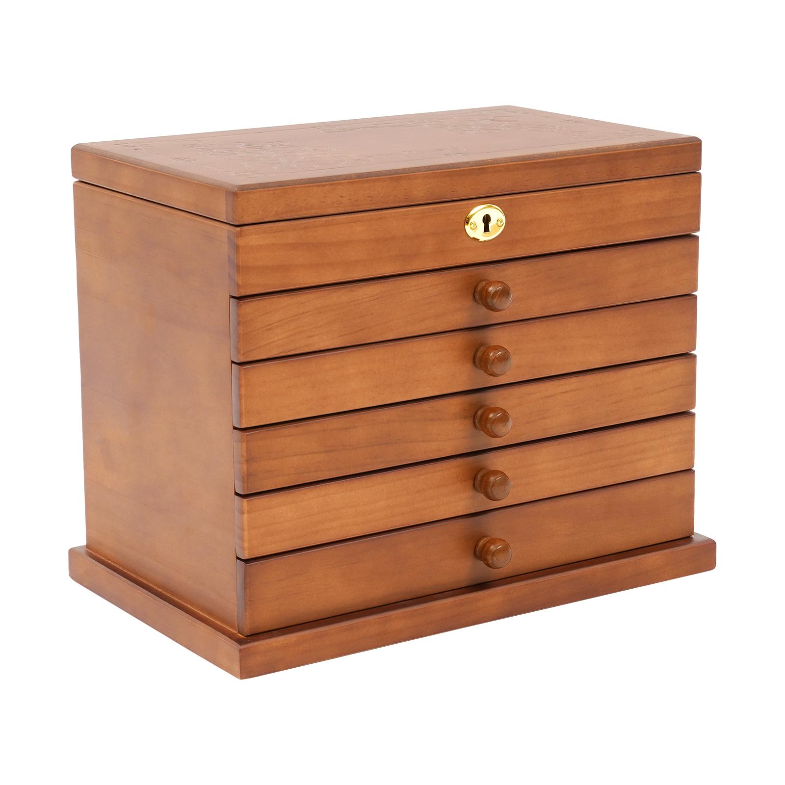 

Деревянная шкатулка для украшений для женщин, 6-слойная большая коробка-органайзер с зеркалом и 5 ящиками, бархатная ткань для браслетов, брошей, ожерелий коричневый