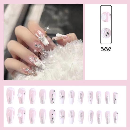

1 Set Faux Nail Full Cover Nail Extending Broken-resistant DIY with Glue High Gloss Wearable Camellia Fake Nail Nail Salon Supply