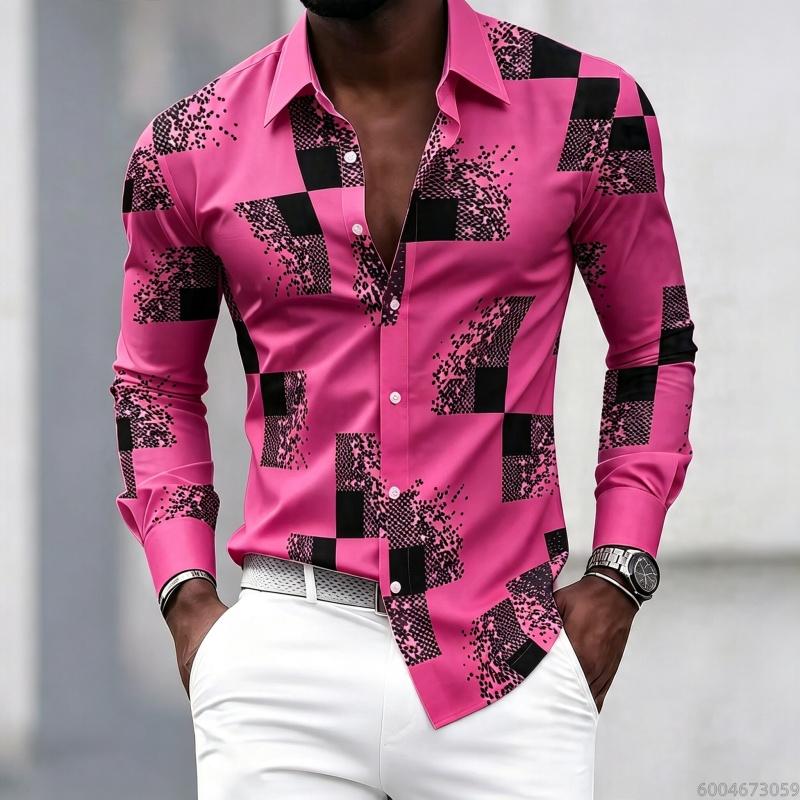 Men's Black and White Patchwork Block Fragment Printed Long Sleeved Shirt, Men's Slim Fit Trend Lapel, Business Casual Shirt