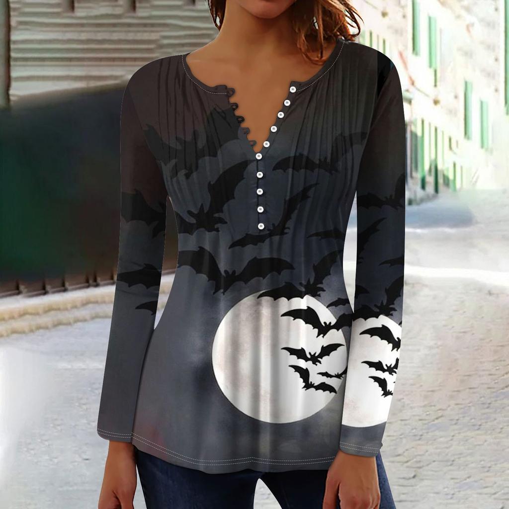 Damen Frühling Herbst Plissiertes Hemd mit Knopfleiste Kragen Halloween Print Langarm Top