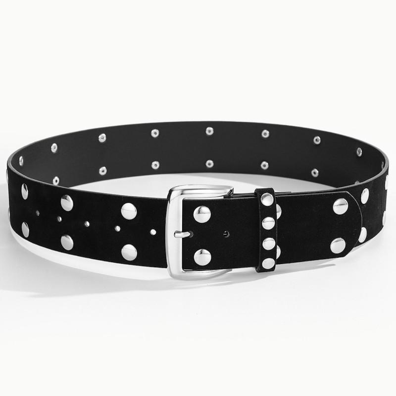 Womens Punk Style Hollow Out Double Row Dot Decorative Belt With Pin Buckle PU Leather Waistband Casual Fashion