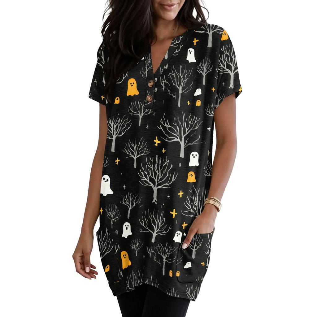 Women's V Neck Pullover Dress Halloween Print Short Sleeve Pocket Casual Loose Fit Tunic Dress