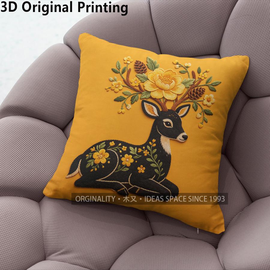Embroidery Style Deer & Floral Throw Pillow Covers Pattern Cushion Cover Suitable For Sofa Bedroom Car Pillow Cover