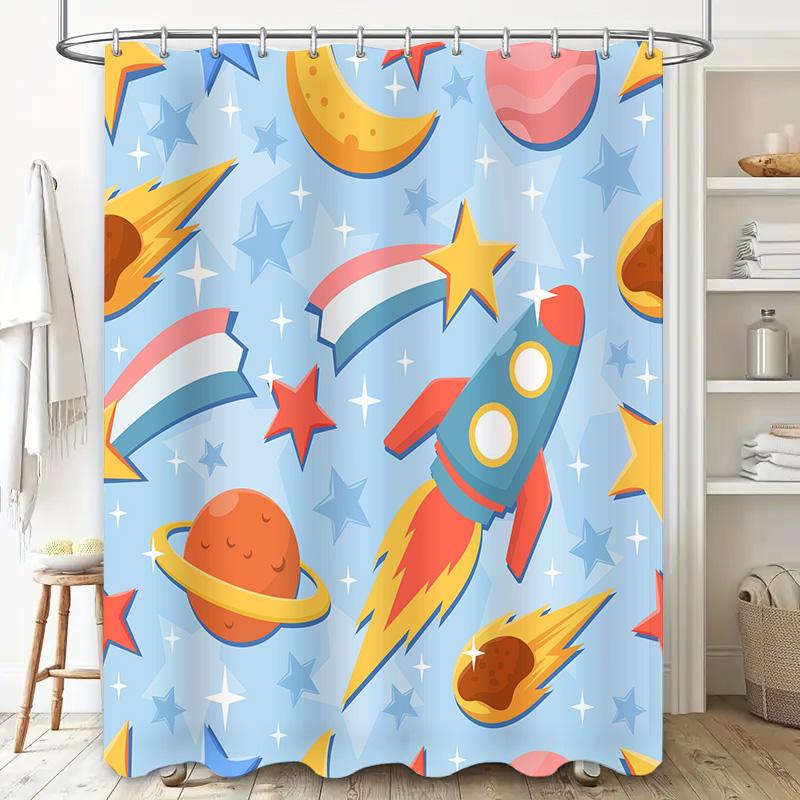Whimsical Space Shower Curtain Cute Galaxy Pattern for Bathroom Decor Vibrant Rocket Design Planets Waterproof Fabric with Hook