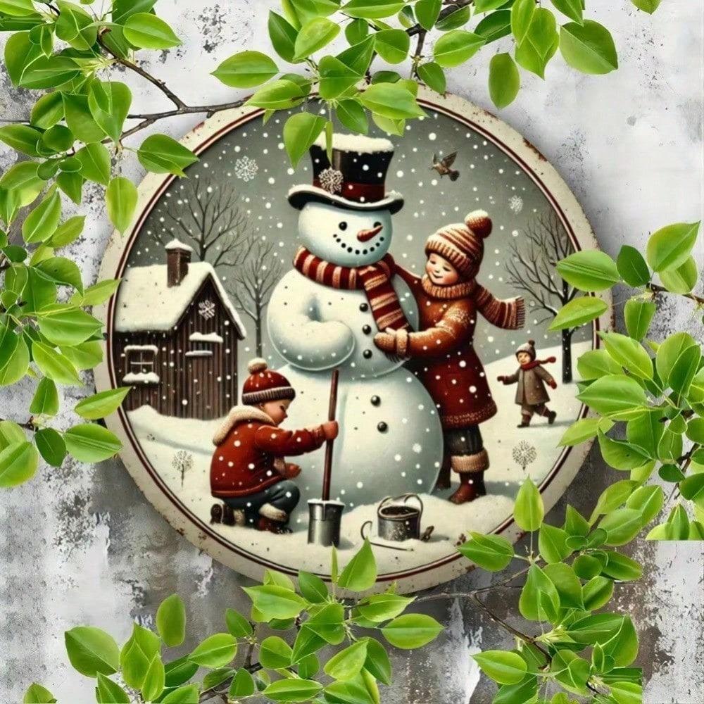 Vintage Snowman Family Metal Round Wall Sign Rustic Christmas Wreath Decor Farmhouse Kitchen Living Room
