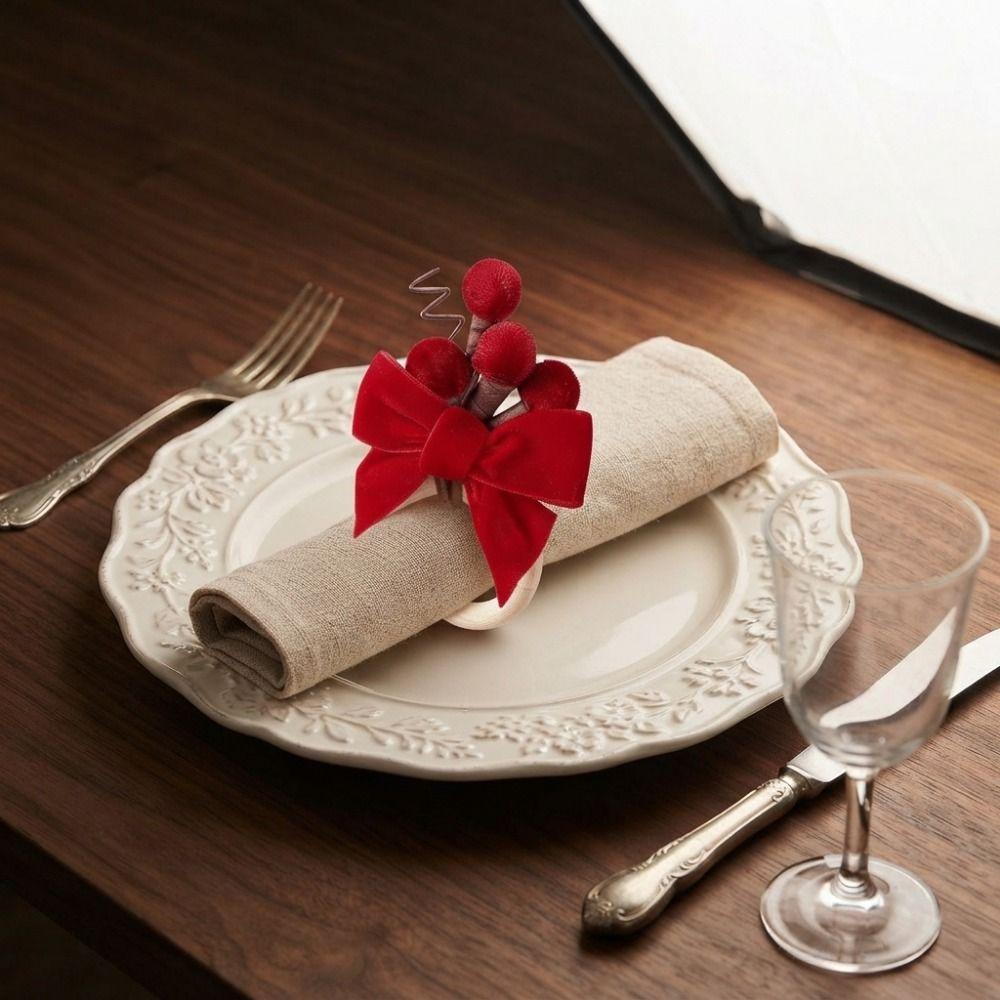 6PCS Pinecone Red Bow Napkin Rings Artificial Berry Napkin Holders Holiday Dinner Party