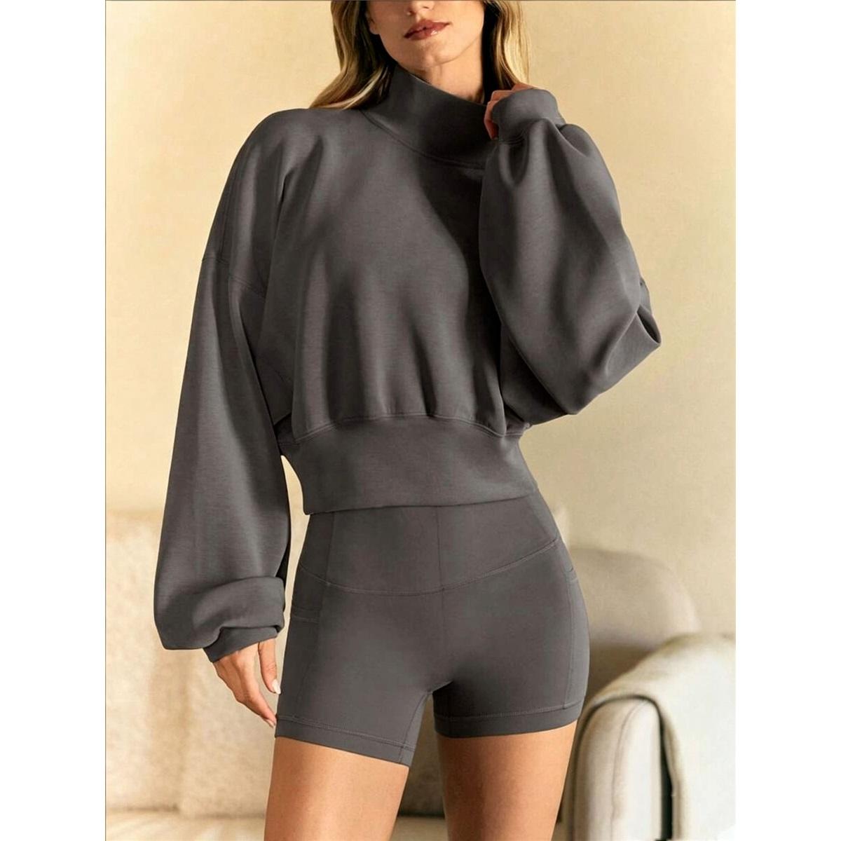 Dames Mock Neck Gebreide Crop Top Lange Mouwen Los Casual Effen Kleur Pullover Trui Blouse XL donkergrijze kleur