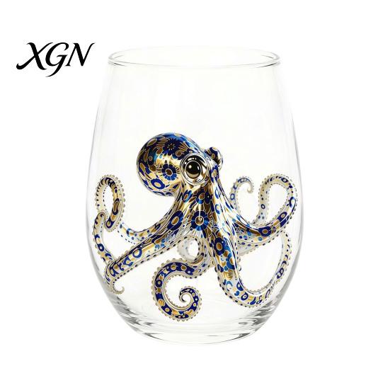 Personalized Daily Use Glassware Stemless Wine Glasses with Marine Animal Pattern, 420ml Capacity, High Borosilicate Halloween Themed Drinking