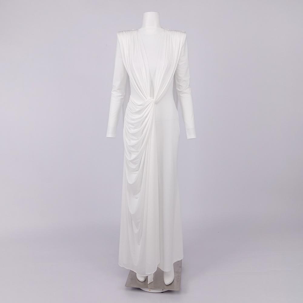 White High-Neck Long-Sleeve Formal Dress with Artistic Chest Decoration