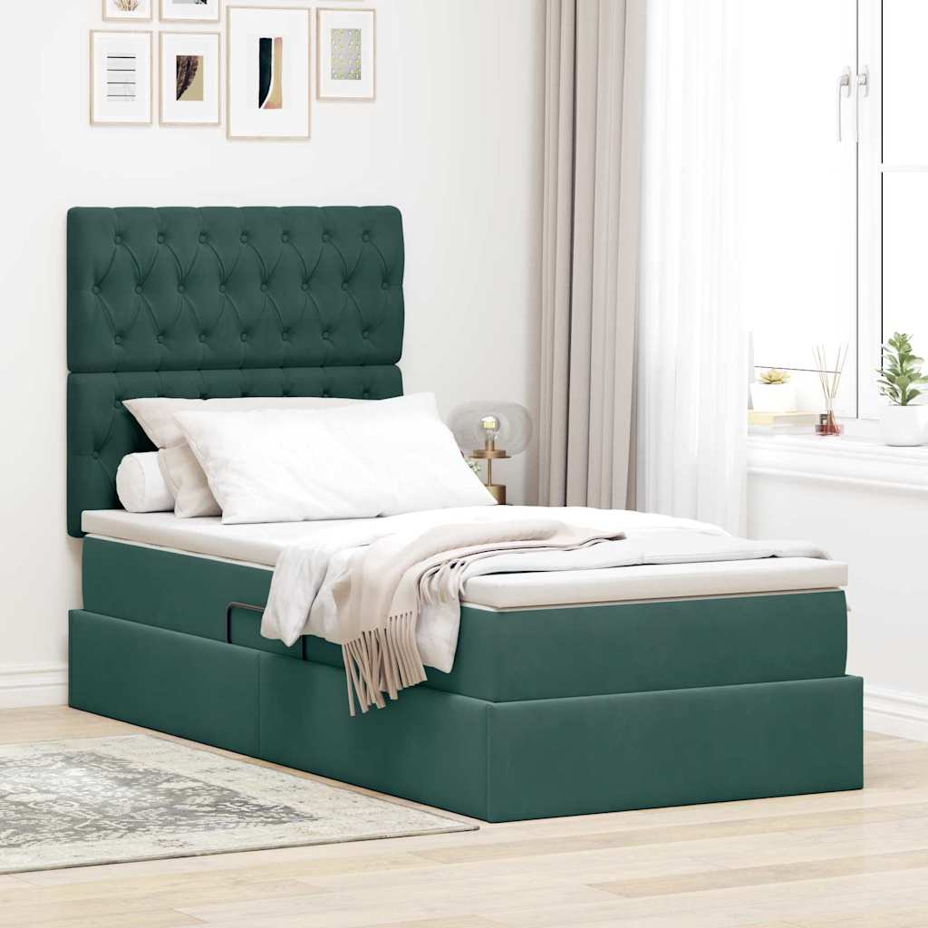 Storage Bed with Mattress Dark Green 100 X 200 Cm Velvet