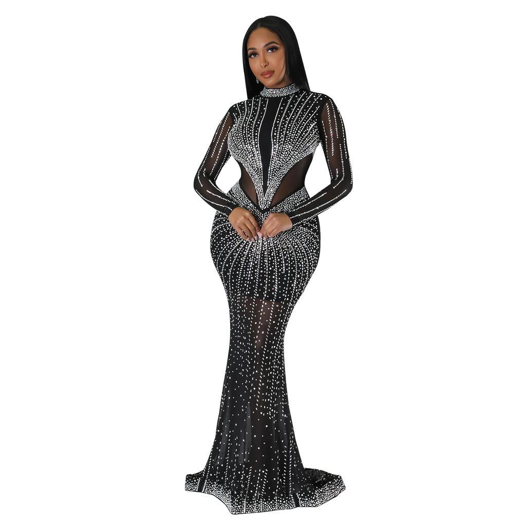 Fashion Women's Dress Solid Colour Mesh Drill Long Sleeve Long Dress