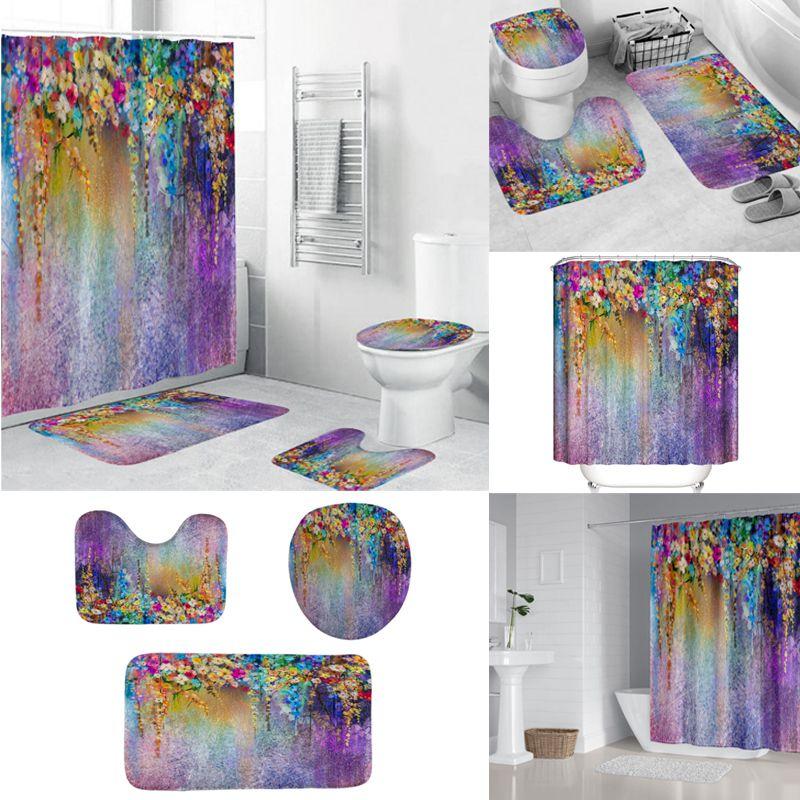 Waterproof Printed 3d Purple Flowers Waterproof Shower Curtains With Set Hooks