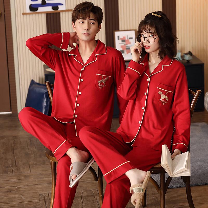 Langsheng Red Pure Cotton Couple Pajama Set
