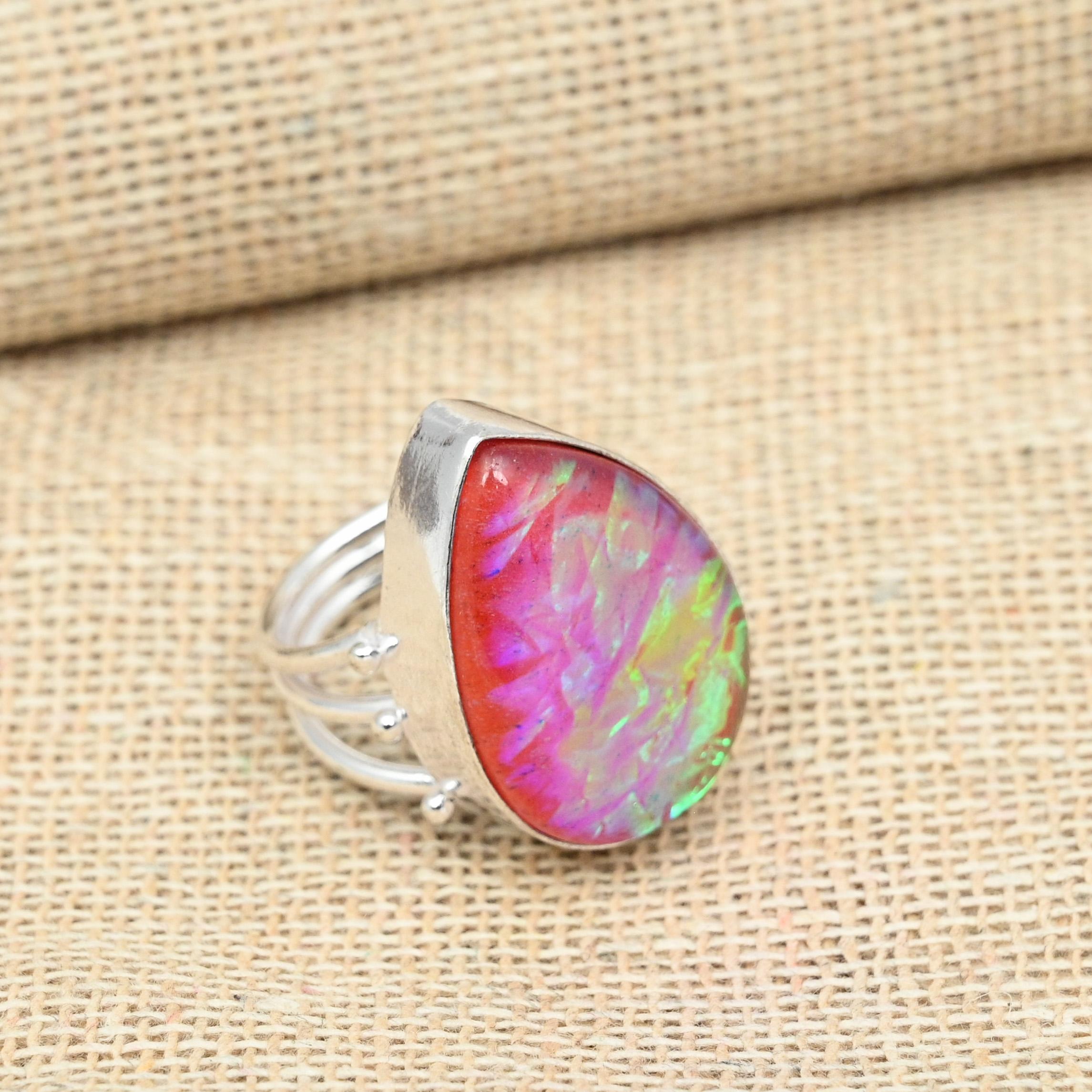 

Кольцо ручной работы из стерлингового серебра 925 пробы с розовым тройным опалом на День Благодарения 12 розовый