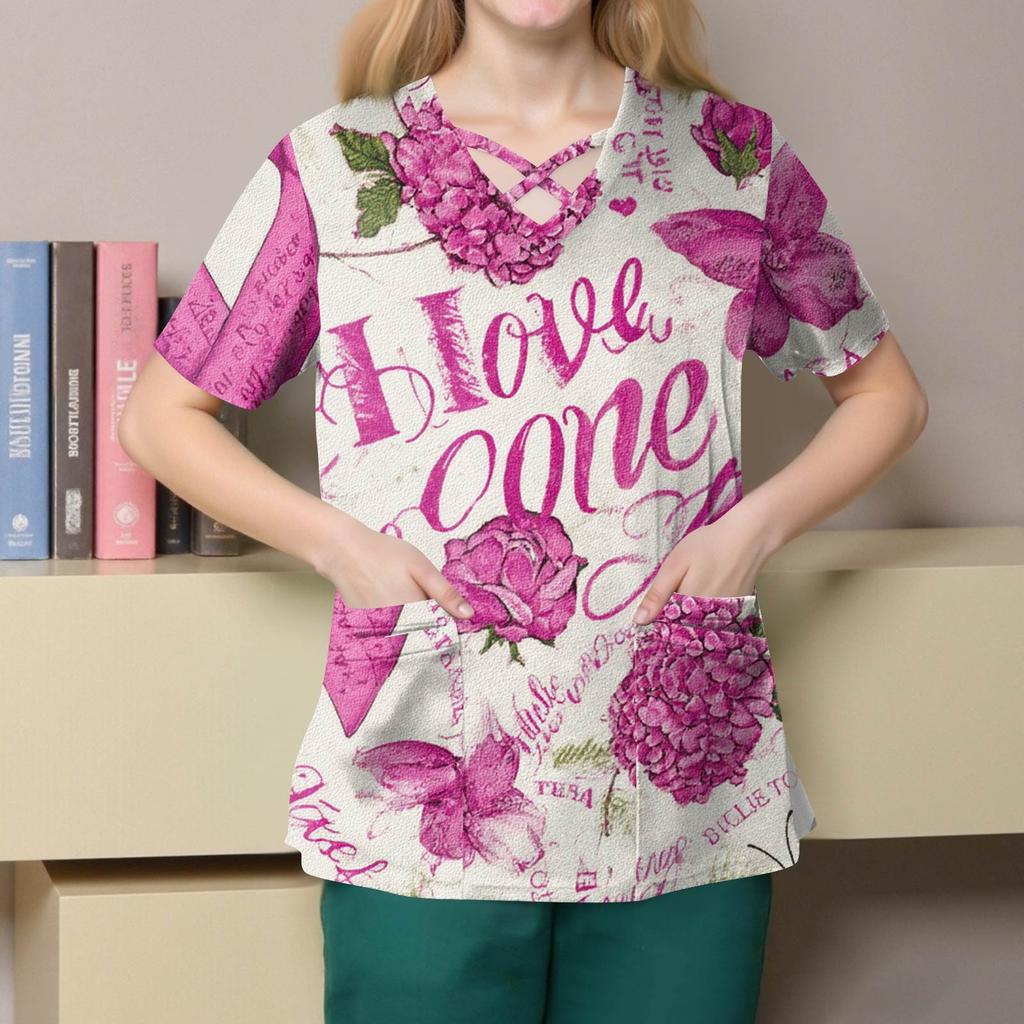 Dámská móda V-výstřih Krátký rukáv Kombinézy Kapsa s dvojitou vrstvou Tištěná trička Oblečení