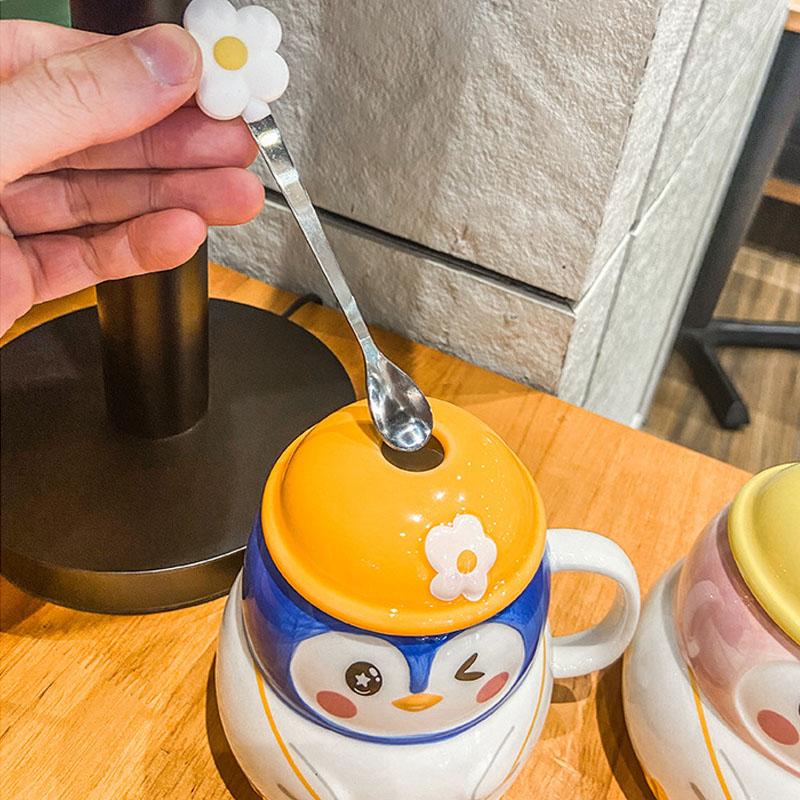 480ml Personalized Coffee Mug For Women Girls Cute Penguin Ceramic Mug With Spoon And Lid Lovers Birthday Thanksgiving Day Gifts