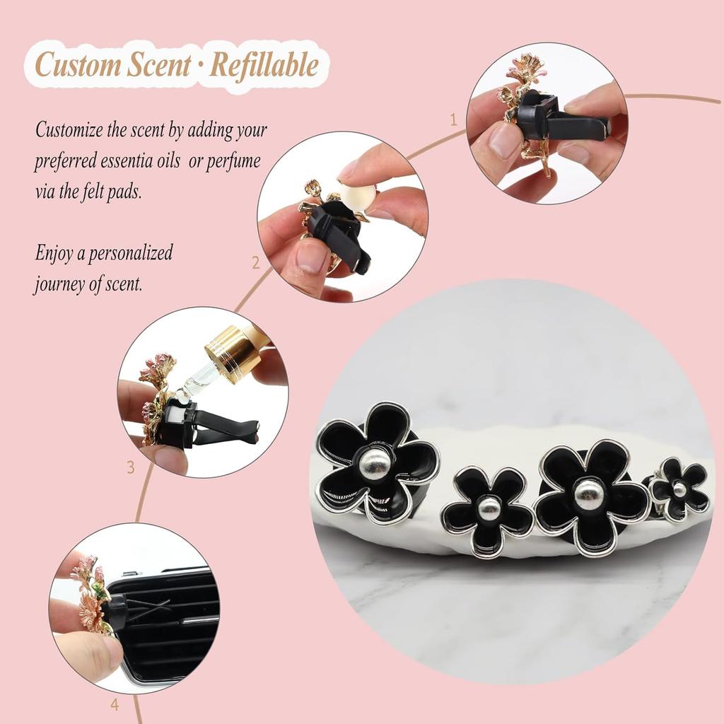 4pcs Cute Daisy Flowers Car Air Freshener Vent Clips,Girly Flowers Car Accessories for Women,4 Sizes Sparkle Black Silver Flower Car Vent