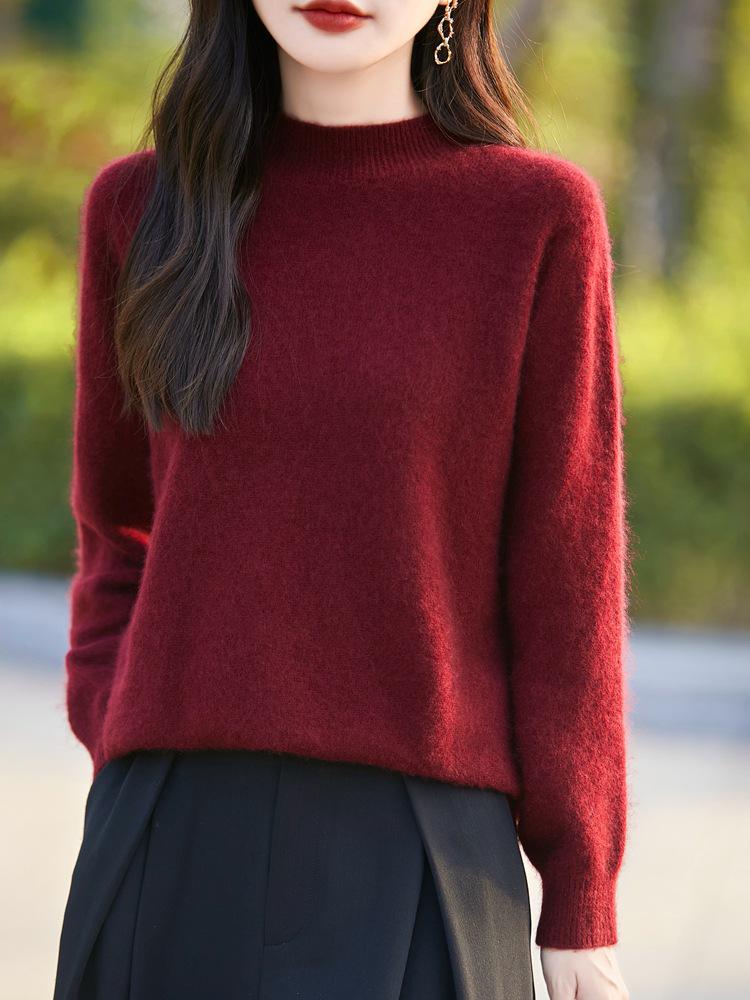 Women's Cream Yellow Wool Brushed Pullover Sweater, Half-High Neck Loose Knitwear Base Layer Top