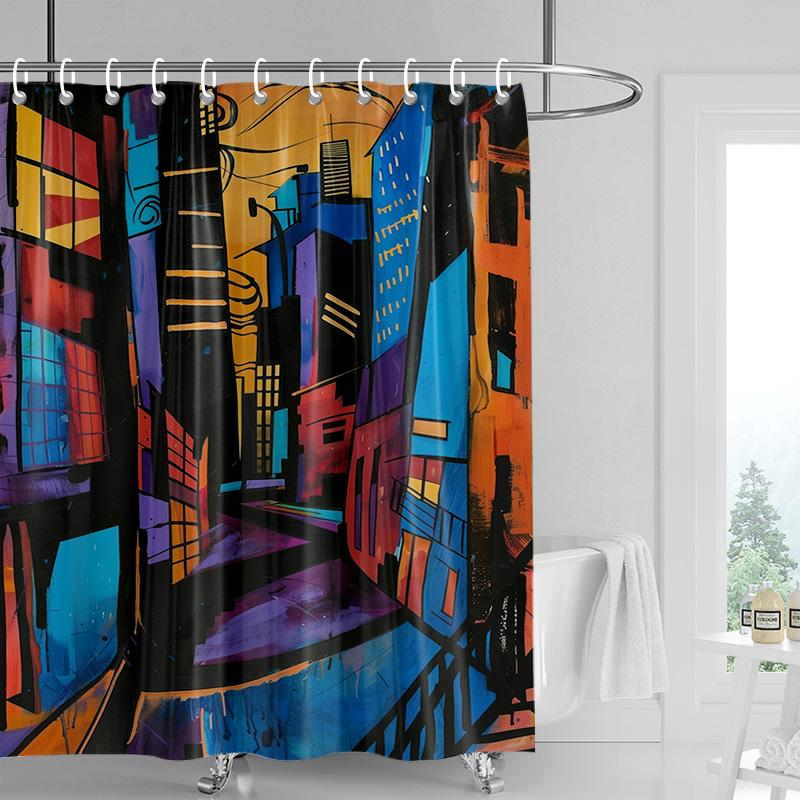 Graffiti Art Shower Curtain-Neon Splash Waterproof Bathroom Decoration with Handwritten Edge, Modern Bathtub Shower Curtain