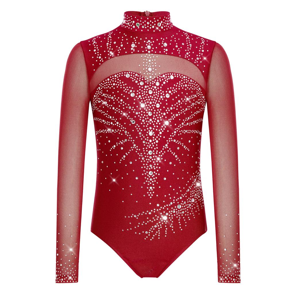 Mädchen Rollkragen Unitard Langarm Netz-Patchwork Glitzernde Strasssteine Rücken Unsichtbarer Reißverschluss Gymnastikbodysuit