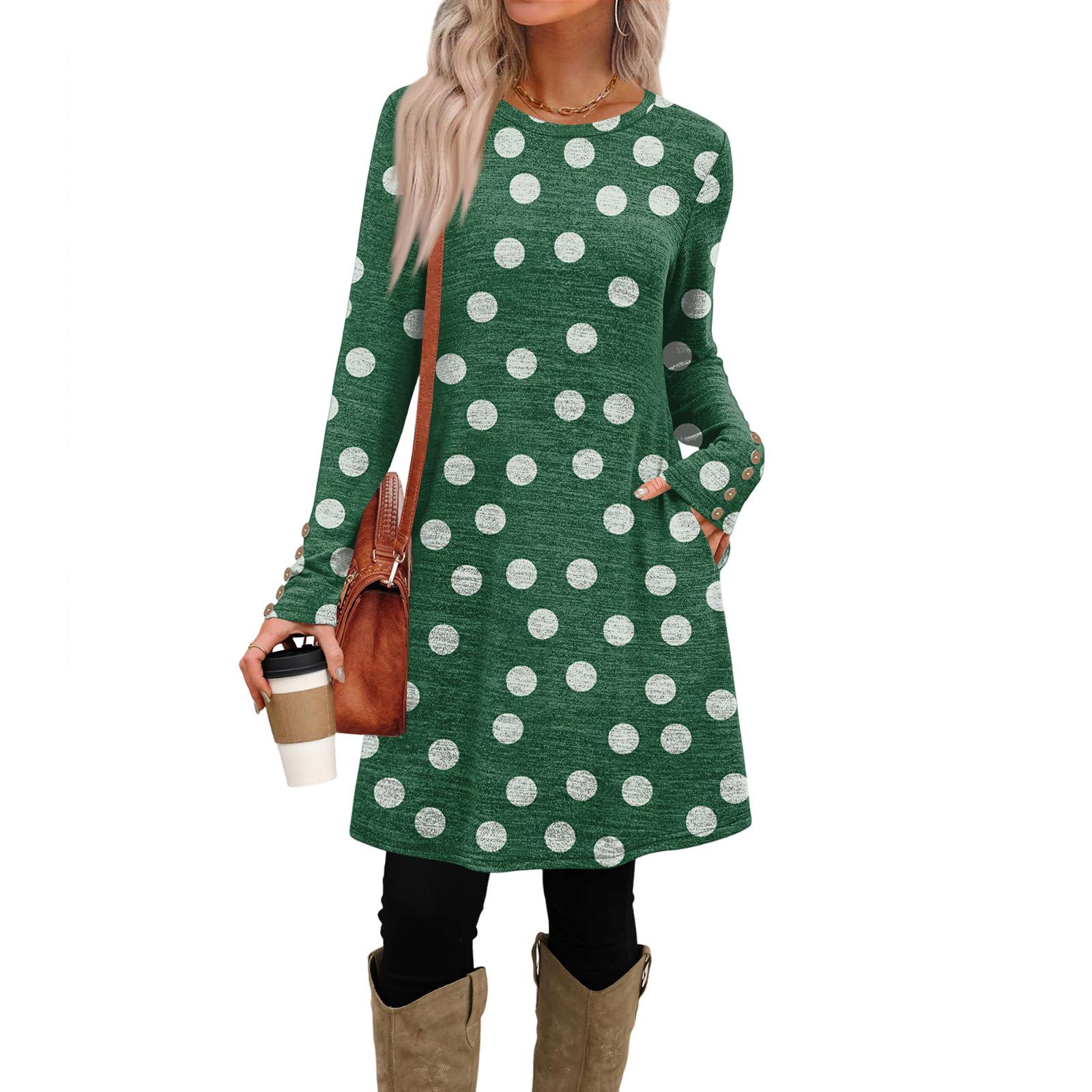 

Women s Fashion Casual Dress With Pockets, Decorative Buttons, Polka Dot Prints, Round Neck And Long Sleeves S фіолетовий