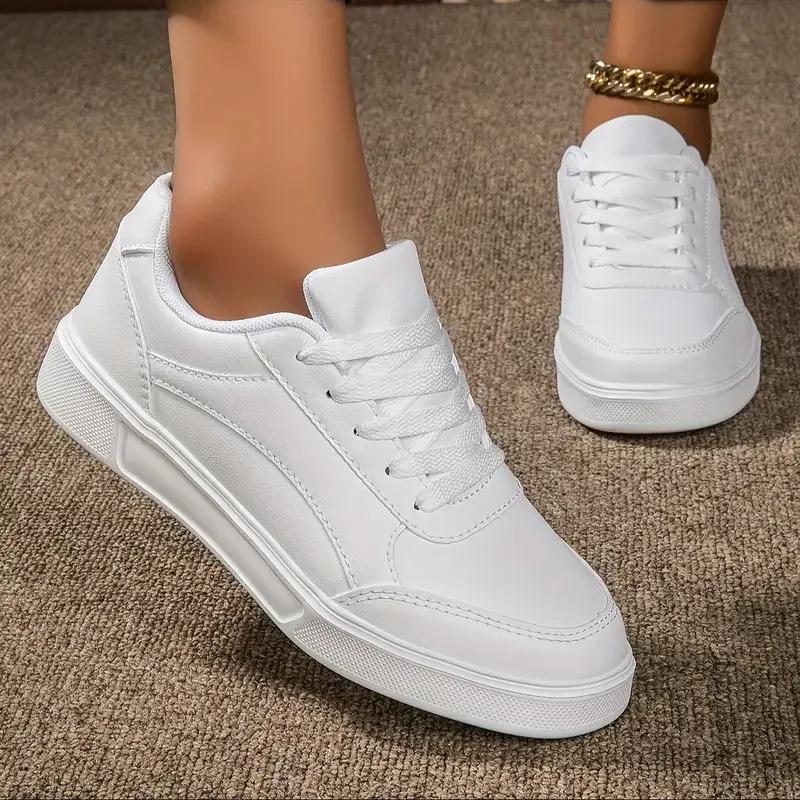 Women White Shoes Flat Female White Board Casual Shoes Lace Up PU Leather Walking Sneakers Thick Sole Outdoor Luxury Fashion
