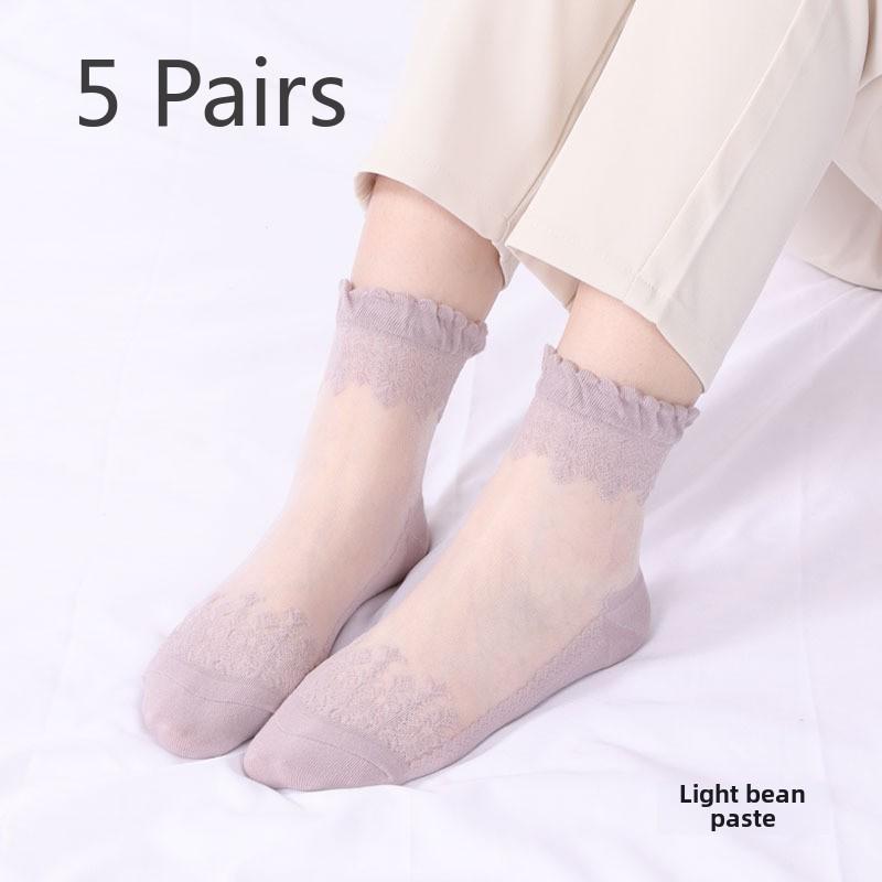 5 Pairs of Women's Spring Thin Mid Cylinder Cotton Sole Lace Lace Socks